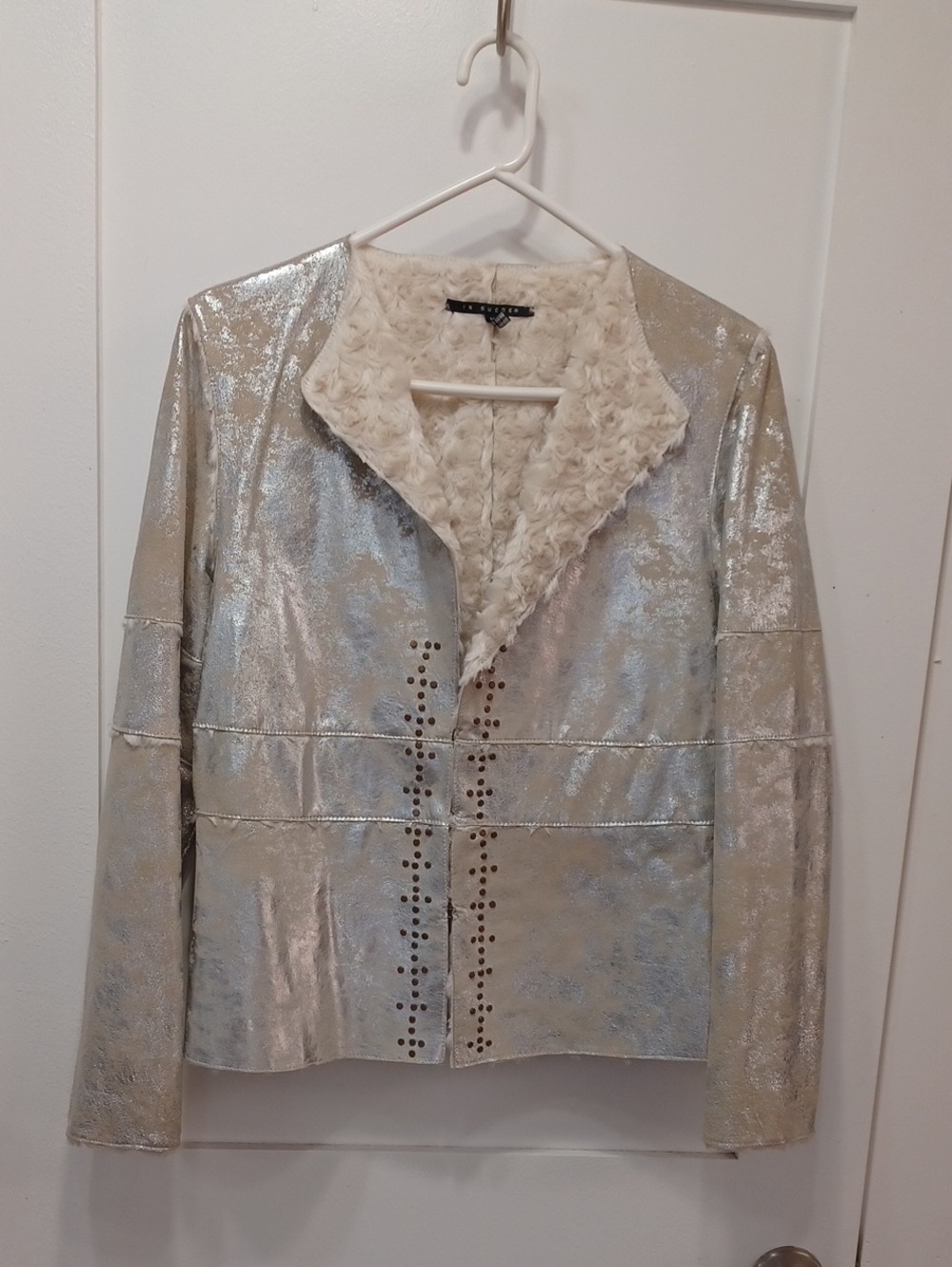 Leather & Faux Fur Rosette Metallic Silver Gold Western Blazer Coat Jacket Med S